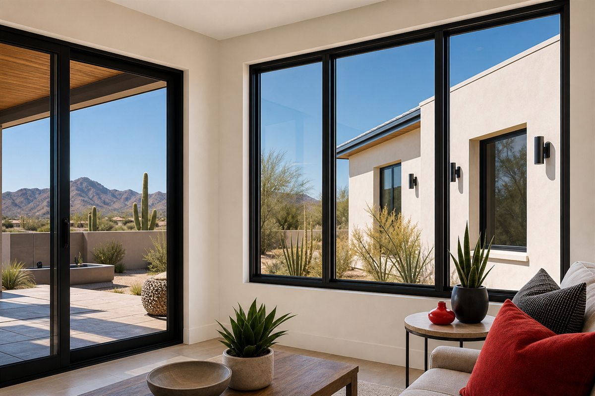 Low-E black framed windows in a modern Arizona casita with desert views