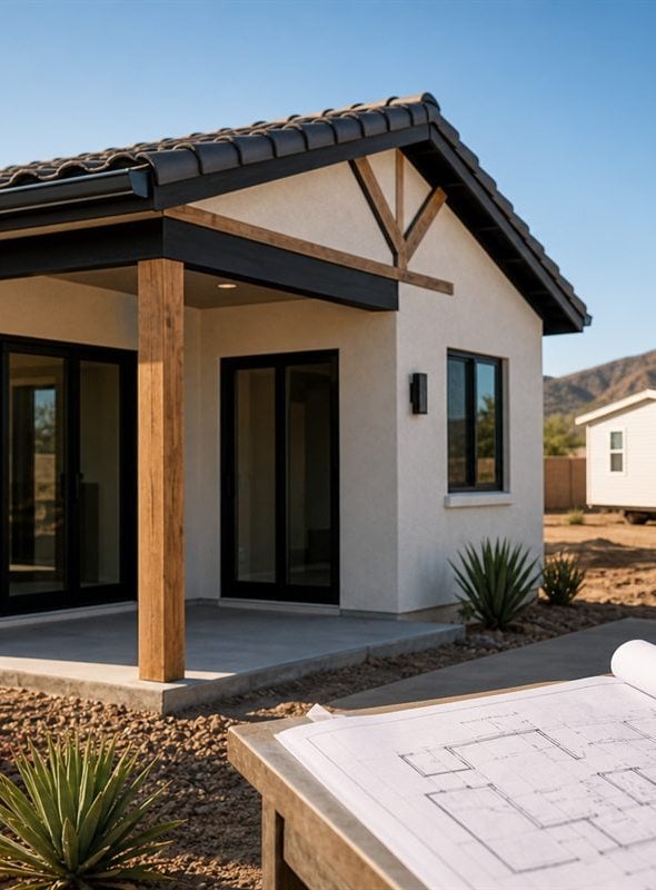 Site-built Arizona casita on a permanent slab compared with a manufactured unit in the background