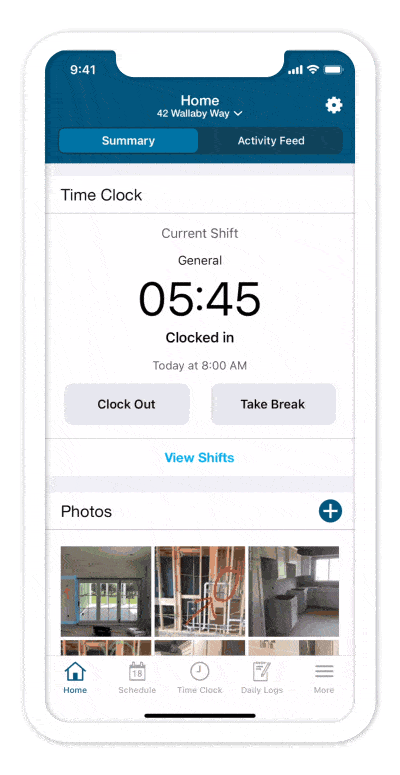 Animated Buildertrend mobile app demo showing schedule, time clock, photos, and project navigation