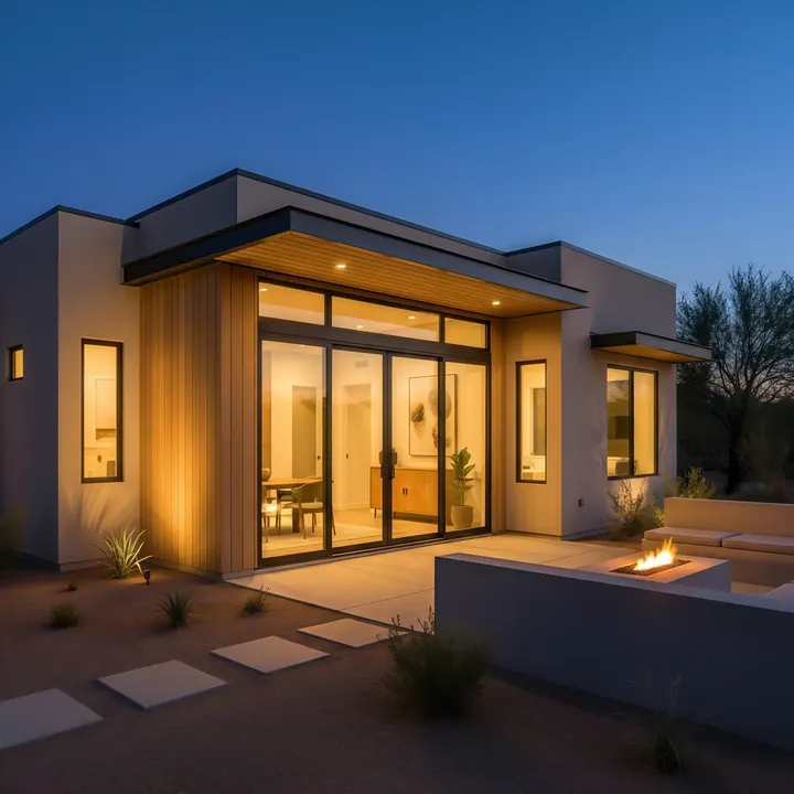 Halo Twilight ACB-DG-008 Arizona backyard casita design with evening exterior lighting