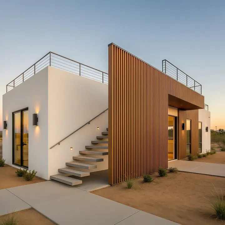 Arroyo Casita Twilight ACB-DG-046 backyard ADU design with twilight lighting and modern exterior