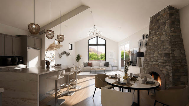 Living Room view of the 1,235-square-foot upper one-bedroom casita over a multi-garage composition, showing vaulted room and fireplace.
