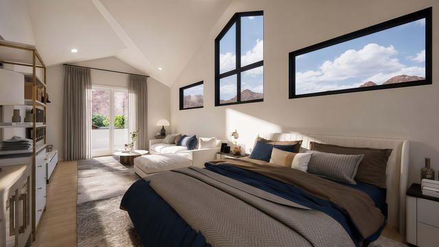 Primary Bedroom view of the 1,235-square-foot upper one-bedroom casita over a multi-garage composition, showing bedroom with clerestory glazing.