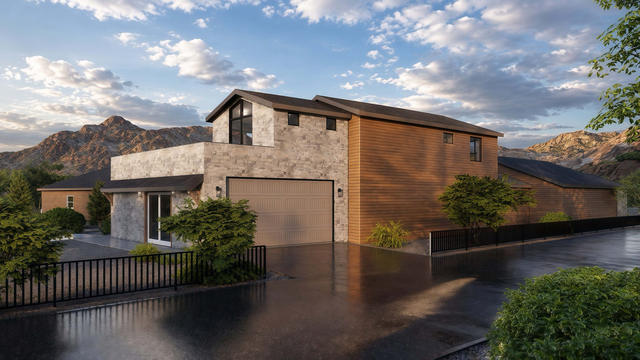 Street Side view of the 1,235-square-foot upper one-bedroom casita over a multi-garage composition, showing two-story street elevation.