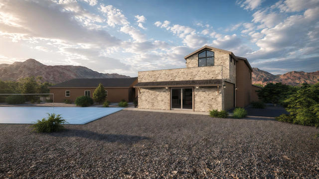 Upper Patio view of the 1,235-square-foot upper one-bedroom casita over a multi-garage composition, showing upper casita and terrace.