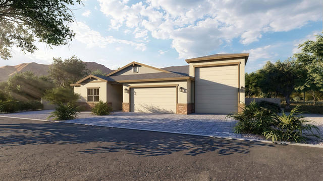 Attached Front view of the 450-square-foot, 15-by-30-foot attached one-bedroom casita, showing addition beside garage volumes.