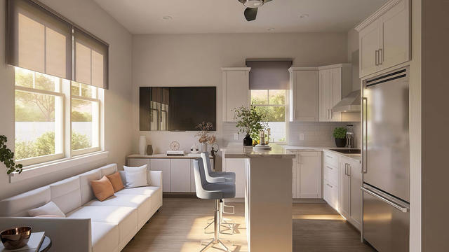 Living And Kitchen view of the 450-square-foot, 15-by-30-foot attached one-bedroom casita, showing open lounge and peninsula.