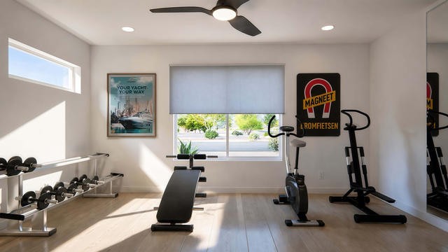 Gym Studio view of the 288-square-foot, 16-by-18-foot attached studio casita with breezeway, showing flexible exercise room.