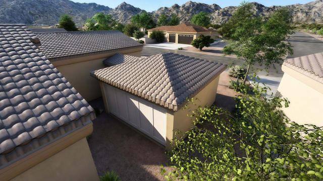 Rear Connection view of the 288-square-foot, 16-by-18-foot attached studio casita with breezeway, showing roof connection to the house.