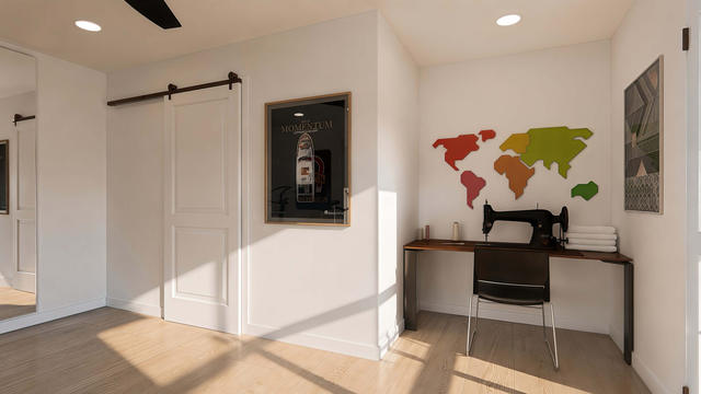 Storage Workspace view of the 288-square-foot, 16-by-18-foot attached studio casita with breezeway, showing desk and storage niche.