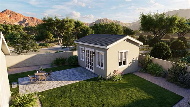 Aerial patio exterior rendering of the 20 by 15 casita home office