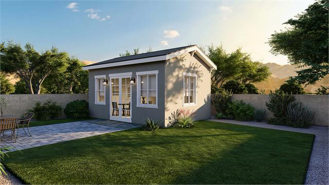 Angled front exterior rendering of the 20 by 15 casita home office