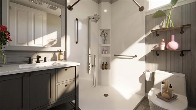 Bathroom shower rendering for the 20 by 15 300 square foot casita home office
