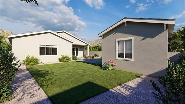 Courtyard side exterior rendering of the 20 by 15 casita home office near the main home