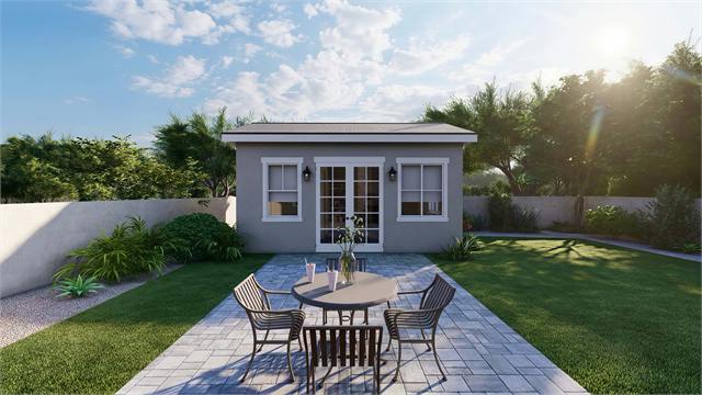 Front exterior rendering of the 20 by 15 casita home office with patio seating