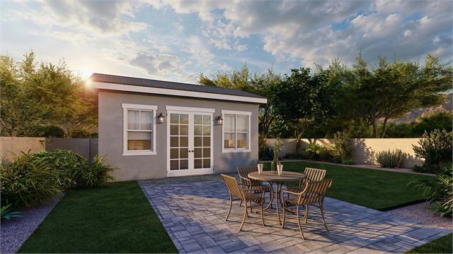Front patio exterior rendering of the 20 by 15 casita home office