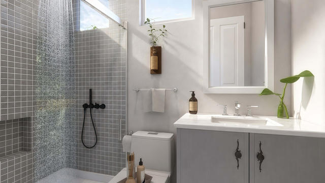 Bathroom view of the 300-square-foot, 20-by-15-foot gym and office casita, showing glass shower and vanity.