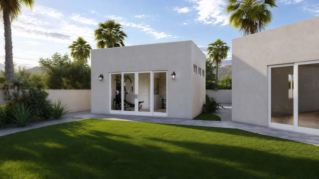 Studio Front view of the 300-square-foot, 20-by-15-foot gym and office casita, showing studio opening to the lawn.