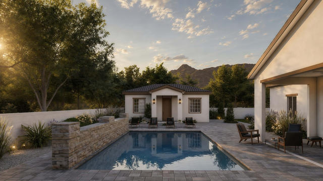 Porch Front view of the 600-square-foot, 20-by-30-foot one-bedroom casita with covered porch, showing the covered porch and primary entry.