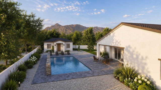 Side Yard view of the 600-square-foot, 20-by-30-foot one-bedroom casita with covered porch, showing the side elevation and landscaped setback.