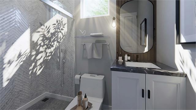 Bathroom shower and vanity rendering for the 20 by 35 700 square foot casita