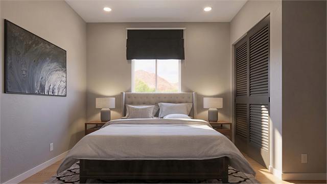 Bedroom rendering for the 20 by 35 two-bedroom casita floor plan