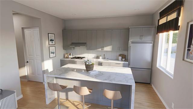 Kitchen island rendering for the 20 by 35 two-bedroom casita plan