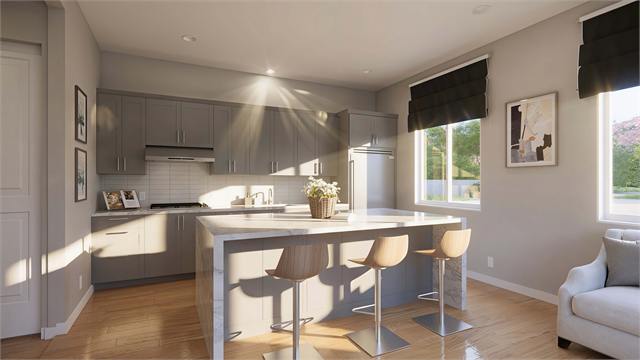 Kitchen and living room rendering for a 20 by 35 two-bedroom casita