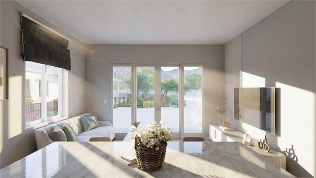 Living room patio view rendering for the 20 by 35 700 square foot casita floor plan
