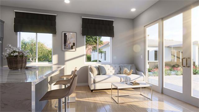 Open living and kitchen rendering for the 700 square foot Arizona casita plan