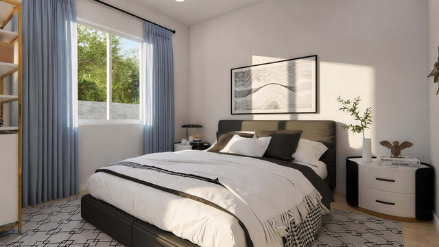 Interior rendering of the bedroom showing the bed, paired nightstands, window, and simple neutral finishes