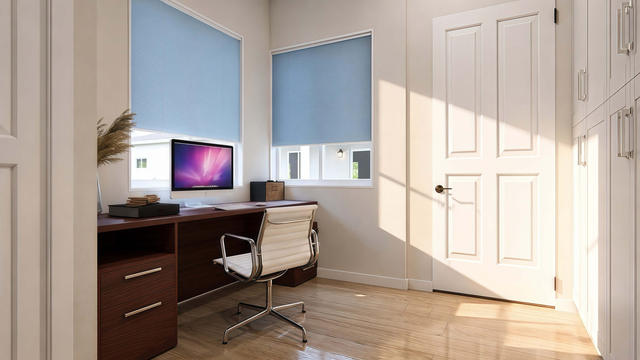 Interior rendering of the dedicated office showing a desk, chair, two windows, and a storage closet