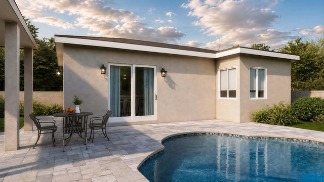Three-quarter exterior rendering of the 20 by 35 casita showing doors, windows, low rooflines, patio paving, and a pool setting