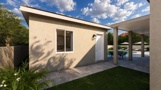 Side exterior rendering of the narrow casita showing a secondary door, window, roof overhang, and paved connection