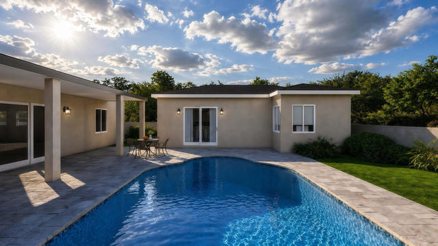 Wide exterior rendering of the casita showing its long facade, patio columns, glazed doors, and landscaped yard