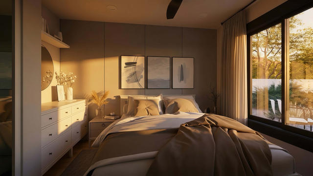 Bedroom view of the 360-square-foot, 21-by-12-foot attached casita, showing the bedroom and full-height glazing.