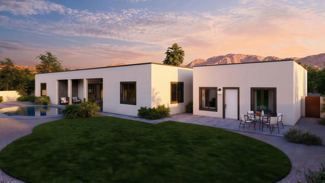 Courtyard Front view of the 360-square-foot, 21-by-12-foot attached casita, showing the flat-roof exterior and courtyard-facing openings.