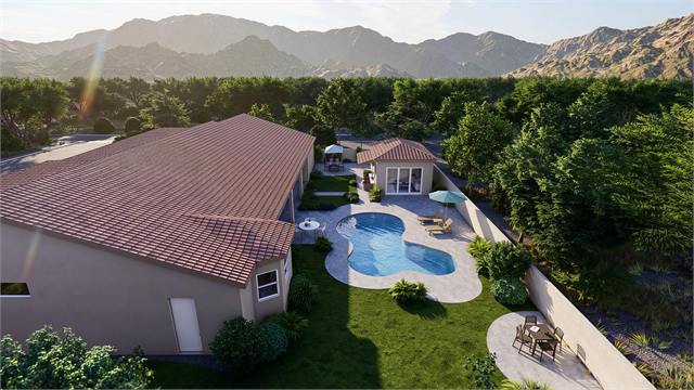 Aerial pool yard rendering of the 23 by 15 casita with backyard and mountains
