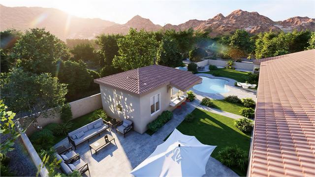 Backyard aerial rendering of the 23 by 15 casita beside a pool and main home