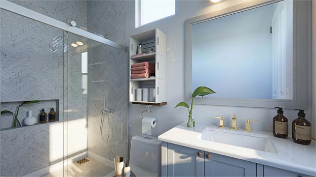Bathroom shower and vanity rendering for the 23 by 15 one-bedroom casita