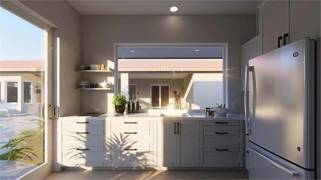 Kitchen bar rendering for the 23 by 15 one-bedroom casita floor plan