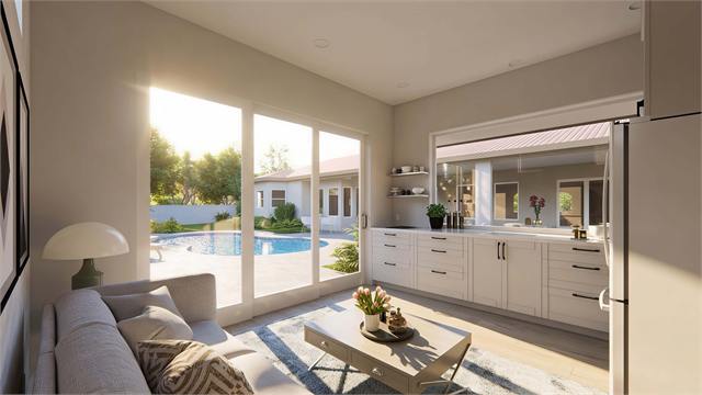 Living and kitchen pool view rendering for the 345 square foot casita plan