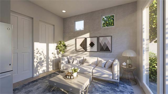Living room rendering for the 23 by 15 compact Arizona casita