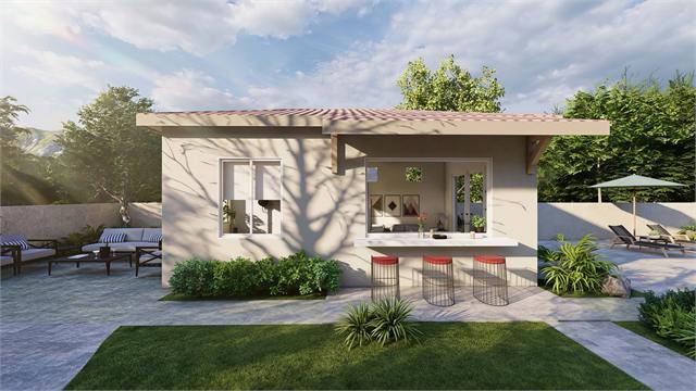 Pass-through kitchen bar exterior rendering of the 23 by 15 casita