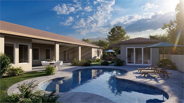 Pool courtyard rendering with the 23 by 15 casita and main home