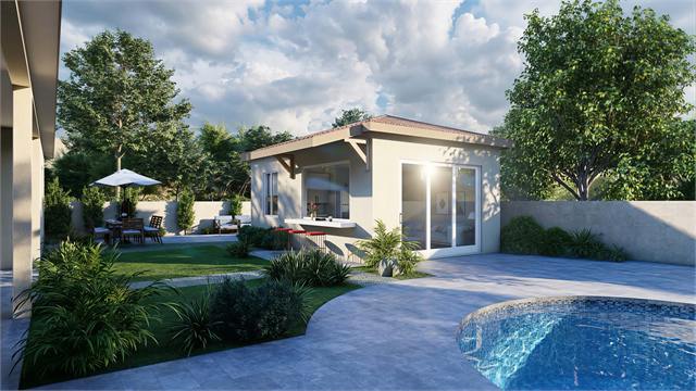 Poolside exterior rendering of the 23 by 15 one-bedroom casita