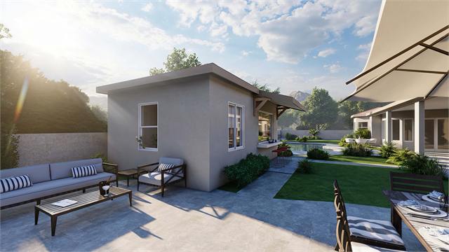 Side courtyard exterior rendering of the 23 by 15 Arizona casita