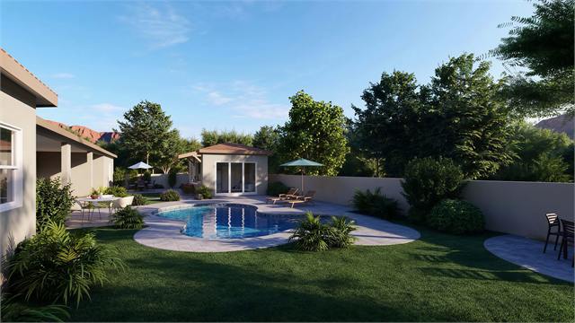 Wide backyard rendering of the 23 by 15 casita beside a pool