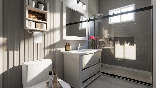 Bathroom vanity and glass shower rendering for the 25 by 12 studio casita plan