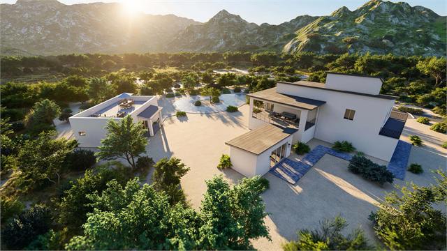 Aerial rendering of the 25 by 12 300 square foot studio casita beside a main Arizona home with rooftop deck
